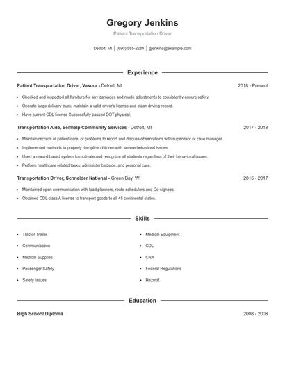 Patient Transportation Driver Resume