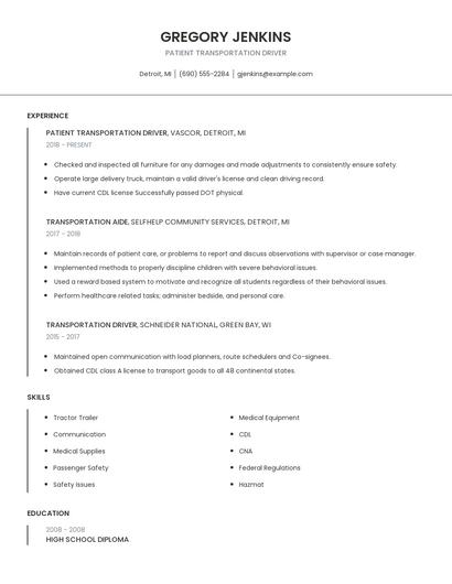Patient Transportation Driver Resume