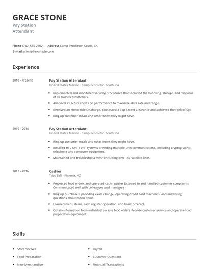 Pay Station Attendant Resume