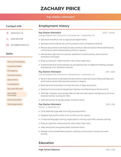 Pay Station Attendant Resume