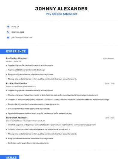 Pay Station Attendant Resume