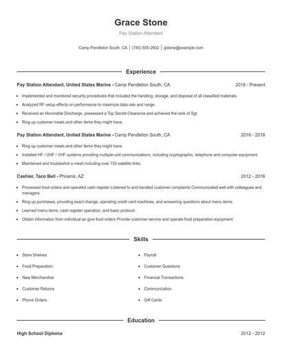 Pay Station Attendant Resume