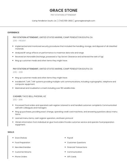 Pay Station Attendant Resume