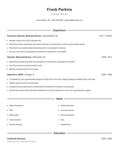 Payloader Operator Resume