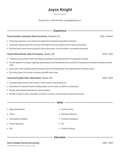 Payroll Auditor Resume