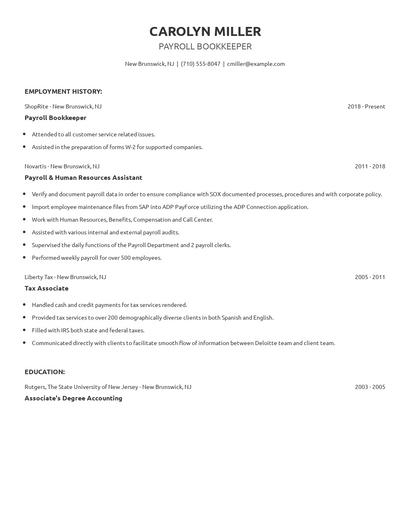 Payroll Bookkeeper Resume