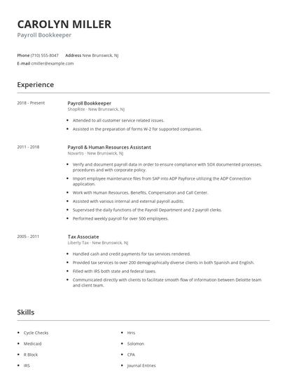 Payroll Bookkeeper Resume