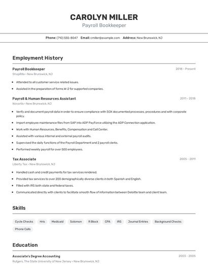 Payroll Bookkeeper Resume