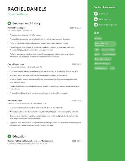 Payroll Bookkeeper Resume