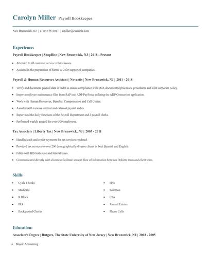 Payroll Bookkeeper Resume