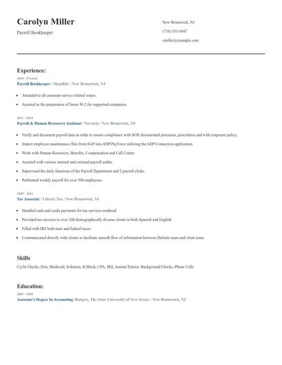 Payroll Bookkeeper Resume