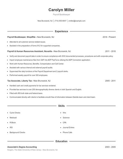 Payroll Bookkeeper Resume
