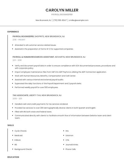 Payroll Bookkeeper Resume