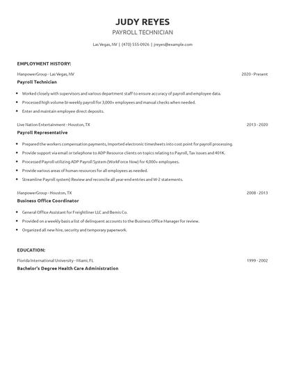 Payroll Technician Resume