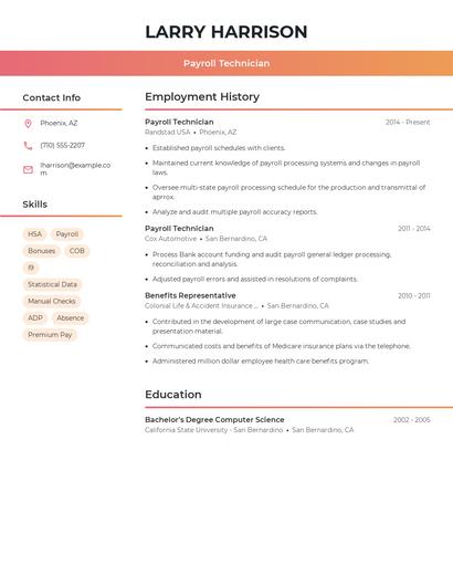 Payroll Technician Resume