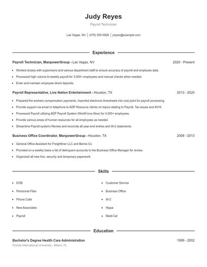 Payroll Technician Resume