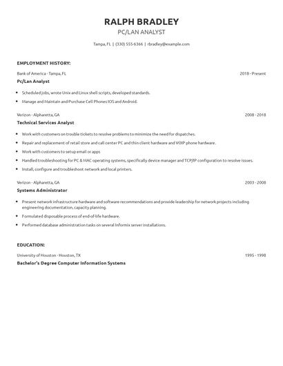 Pc/Lan Analyst Resume