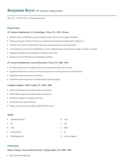 PC Systems Administrator Resume