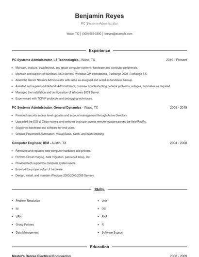 PC Systems Administrator Resume