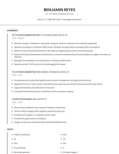 PC Systems Administrator Resume
