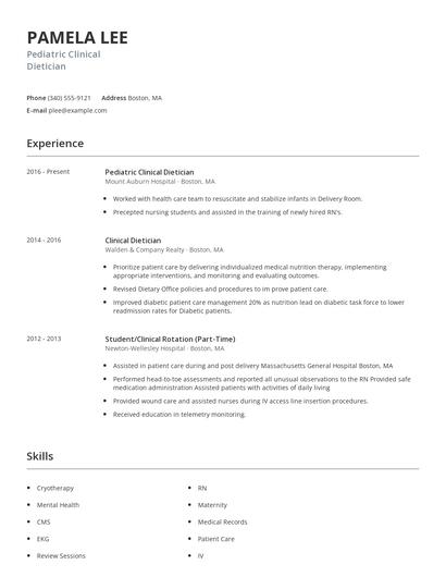 Pediatric Clinical Dietician Resume