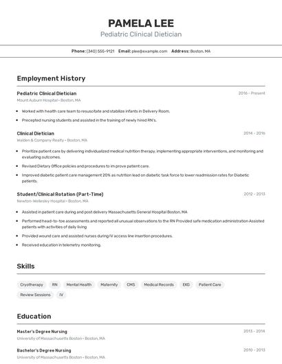 Pediatric Clinical Dietician Resume