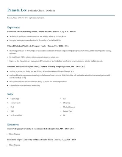 Pediatric Clinical Dietician Resume
