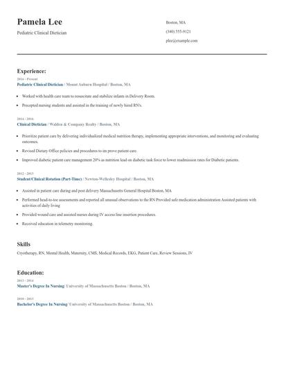 Pediatric Clinical Dietician Resume