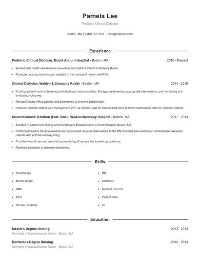 Pediatric Clinical Dietician Resume