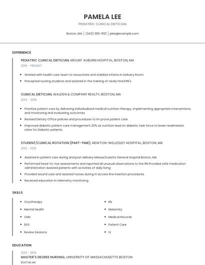 Pediatric Clinical Dietician Resume