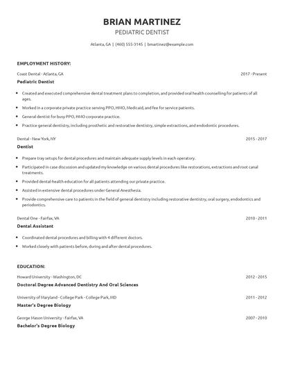Pediatric Dentist Resume