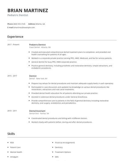 Pediatric Dentist Resume