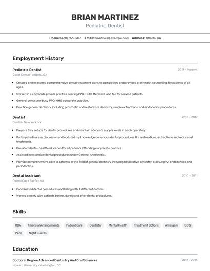 Pediatric Dentist Resume