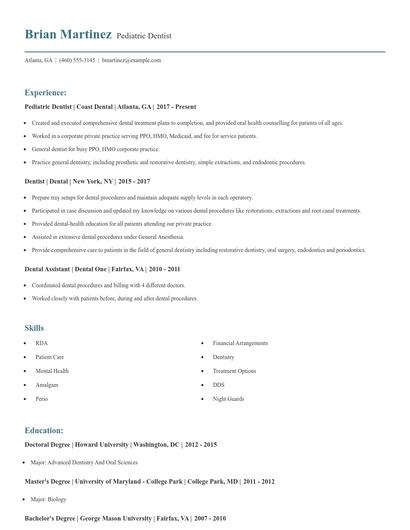 Pediatric Dentist Resume