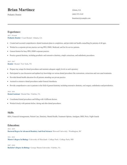 Pediatric Dentist Resume
