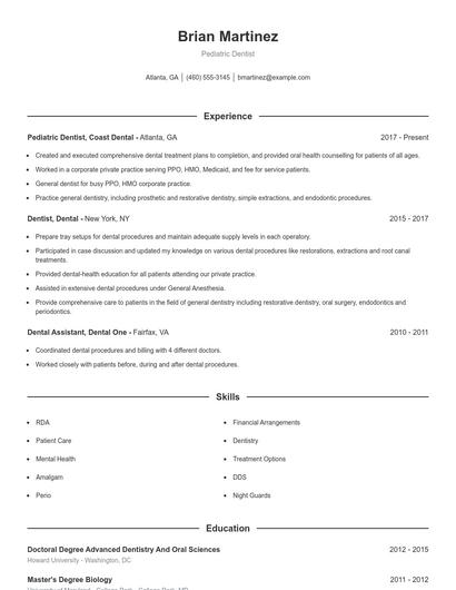 Pediatric Dentist Resume
