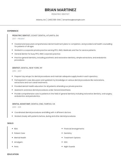 Pediatric Dentist Resume