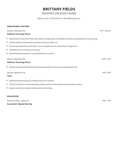 Pediatric Oncology Nurse Resume