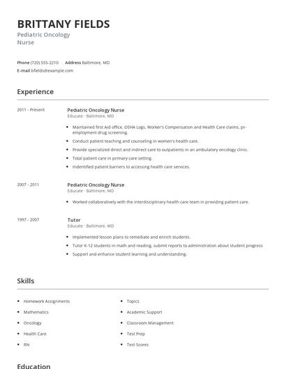 Pediatric Oncology Nurse Resume