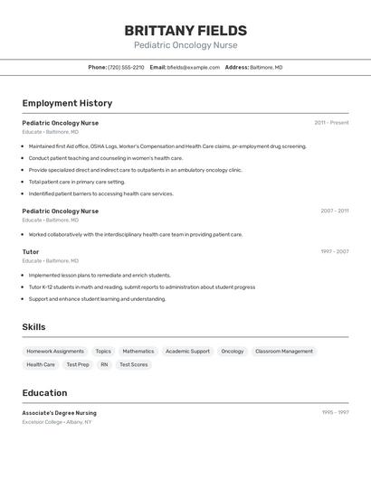 Pediatric Oncology Nurse Resume