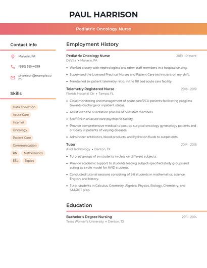 Pediatric Oncology Nurse Resume