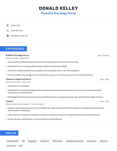 Pediatric Oncology Nurse Resume