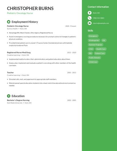 Pediatric Oncology Nurse Resume