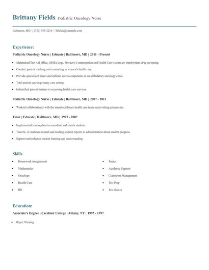 Pediatric Oncology Nurse Resume