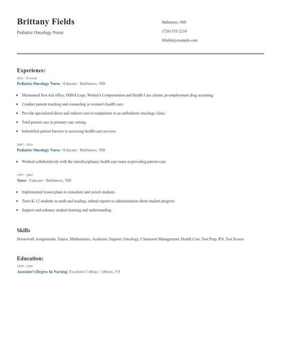 Pediatric Oncology Nurse Resume