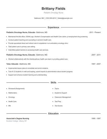 Pediatric Oncology Nurse Resume