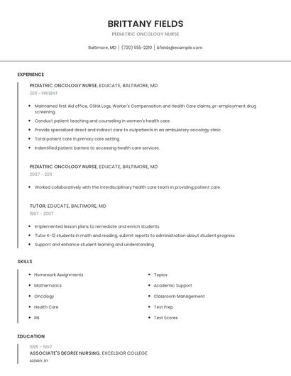 Pediatric Oncology Nurse Resume