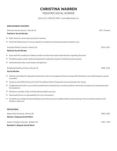 Pediatric Social Worker Resume