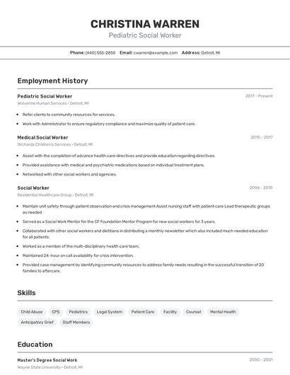 Pediatric Social Worker Resume
