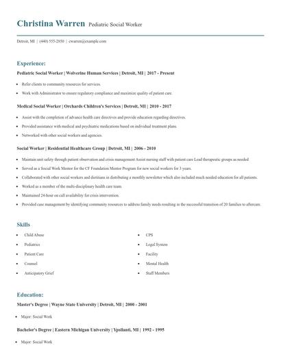 Pediatric Social Worker Resume